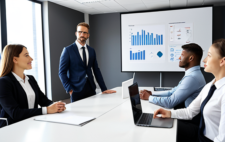 **
A confident business professional leading a team meeting. The setting is a modern office. The leader is actively listening and encouraging team members to share ideas. Focus on portraying positive communication, self-awareness, and effective team management. Capture the essence of a collaborative and innovative environment.
**