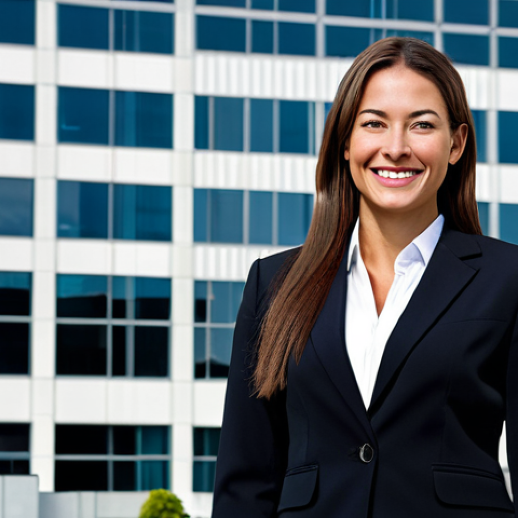 **

"A confident businesswoman in a professional power suit, standing in front of a modern office building, smiling, fully clothed, appropriate attire, safe for work, perfect anatomy, natural proportions, corporate photography, high quality, professional."

**