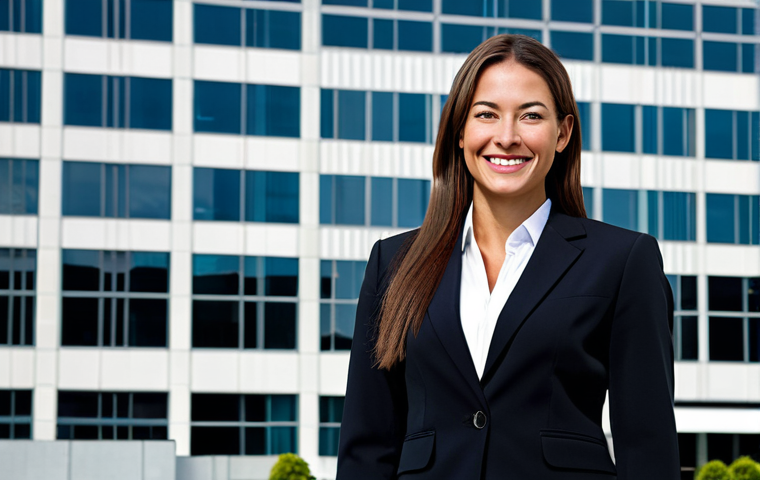 **
"A confident businesswoman in a professional power suit, standing in front of a modern office building, smiling, fully clothed, appropriate attire, safe for work, perfect anatomy, natural proportions, corporate photography, high quality, professional."
**