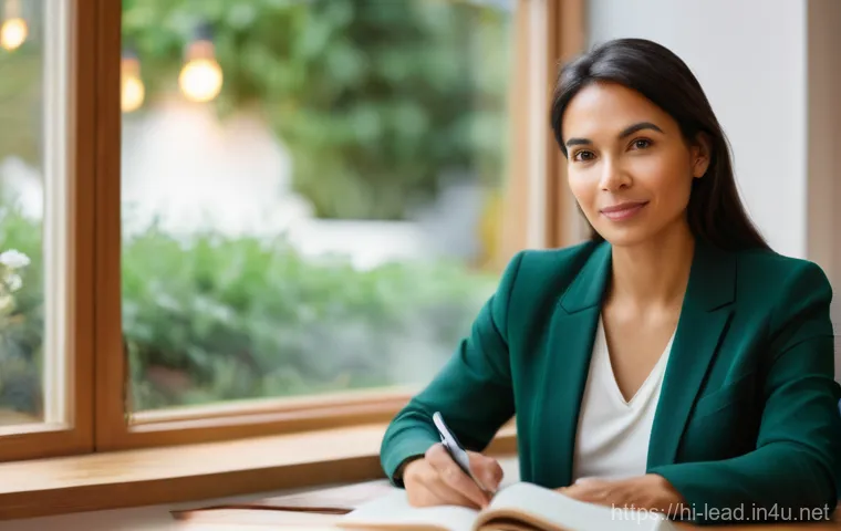 리더십 코치로서의 업무일지 작성법 - Image Prompt 1: The Reflective Coach and Her Trusted Diary**