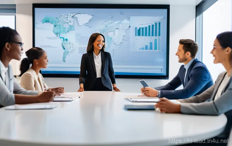 리더십 코칭의 실습과 이론 - **Prompt:** A diverse, multinational team of professionals, dressed in smart business casual attire,...