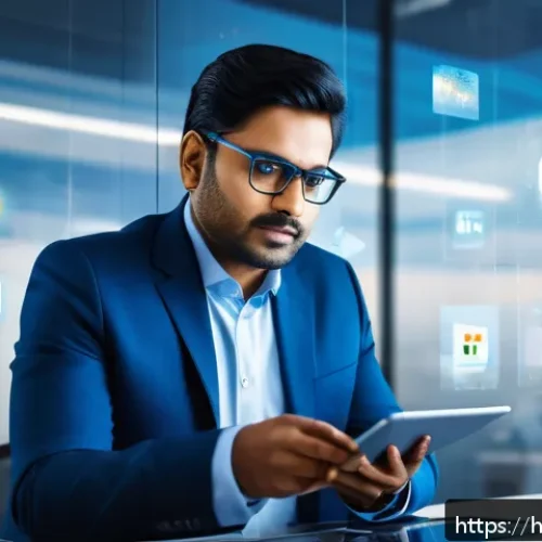 Home 30 리더십 트렌드 분석 - A confident Indian business leader in formal attire, wearing glasses and using a futuristic transpar...