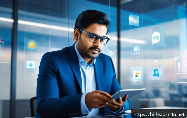리더십 트렌드 분석 - A confident Indian business leader in formal attire, wearing glasses and using a futuristic transpar...