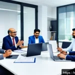 Home 19 리더십 이론 적용 사례 - A diverse Indian corporate team engaged in a collaborative meeting in a modern office, showcasing de...