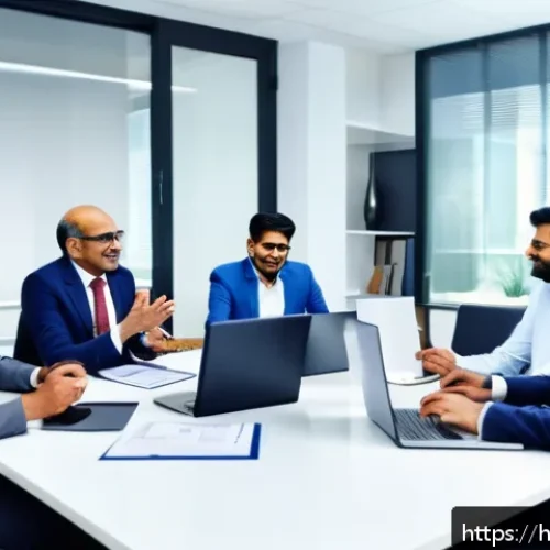Home 29 리더십 이론 적용 사례 - A diverse Indian corporate team engaged in a collaborative meeting in a modern office, showcasing de...