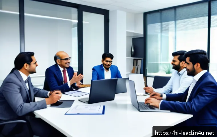 리더십 이론 적용 사례 - A diverse Indian corporate team engaged in a collaborative meeting in a modern office, showcasing de...