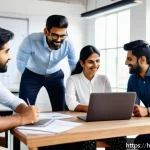 Home 18 리더십 이론의 실제 적용 사례 - A diverse, multicultural office team engaged in a positive brainstorming session around a large tabl...