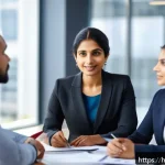 Home 22 리더십 코칭을 통한 이직 성공 전략 - A professional Indian woman in a modern office setting, confidently leading a team meeting with dive...