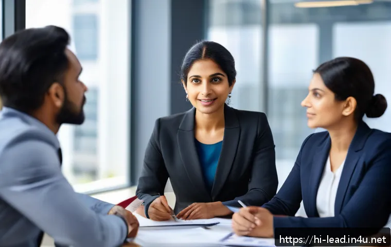 리더십 코칭을 통한 이직 성공 전략 - A professional Indian woman in a modern office setting, confidently leading a team meeting with dive...