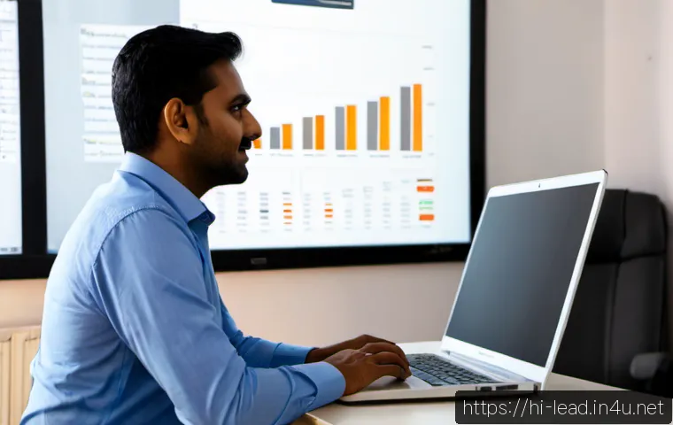 업무 성과 분석 및 코칭 - Photorealistic Indian business coach and mid-career employee reviewing performance analytics on a la...